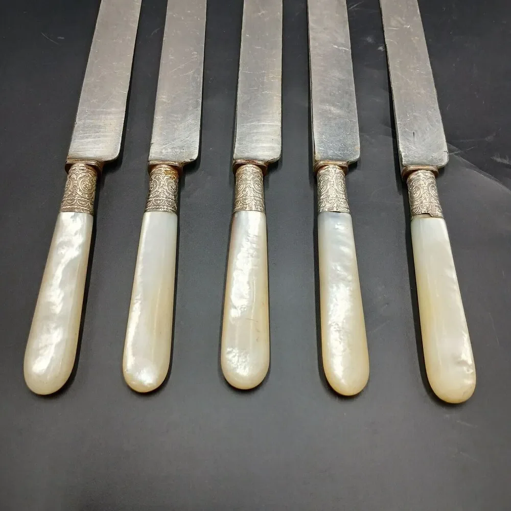 1834 J Russell & Co Knife 5pcs Silverplate Ferrule Blunt End MOP Antique Pearl